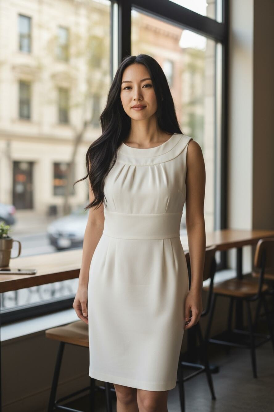 Trina Turk dress small sleeveless sheath pleated knee length ivory